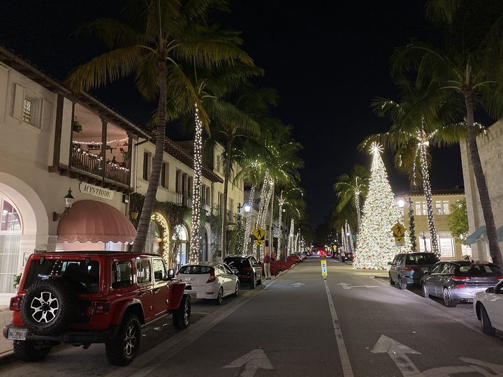 Worth Avenue at night in December, its palms wrapped in white lights and a lit Christmas tree at the Hibiscus Avenue corner